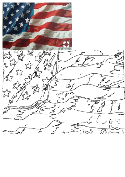 A vibrant, waving American flag painting with rich colors and textures, paired with its clean black line art outline illustration below.