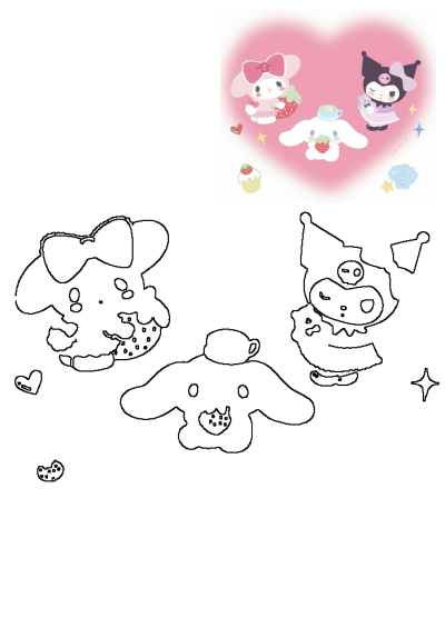 Kawaii Sanrio characters My Melody, Kuromi, Cinnamoroll, enjoying a strawberry tea party, with an outline version below.