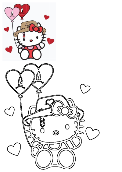 Hello Kitty with a cowboy hat and red bow, holding pink and red sad heart balloons. Includes a matching outline for coloring.