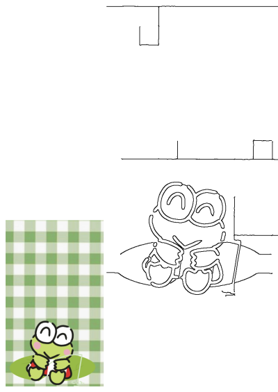 Cute Keroppi character fishing happily on a lily pad with a fishing rod, set against a charming green and white gingham background.