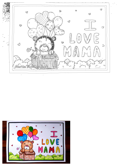 Cute bear illustration for Mother's Day featuring colorful heart balloons and 'I LOVE MAMA' text, perfect for cards.