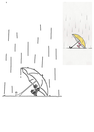 A vibrant yellow cartoon umbrella lies on its side, sheltering delicate pink flowers in a vase from falling raindrops. Simple illustration on white.
