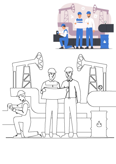 Oil field engineers and workers review blueprints at an oil rig site, overseeing petroleum production and maintenance. Features both colored and outline illustrations.