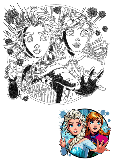 Cartoon illustration of Frozen's Elsa and Anna with their signature blue eyes and blonde/red braids, surrounded by snowflakes and light.