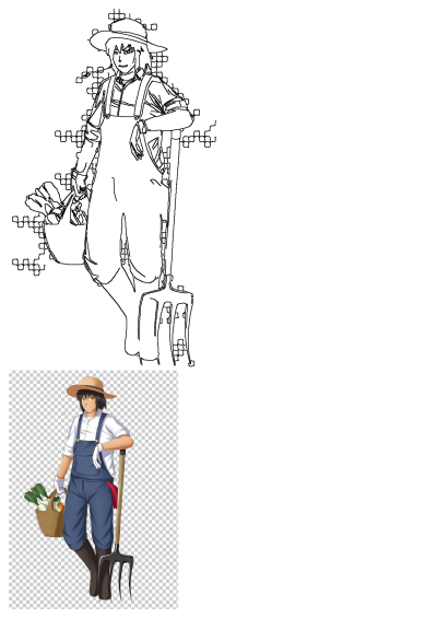 Smiling anime farmer character in overalls and a straw hat, holding a pitchfork and a basket of fresh vegetables.