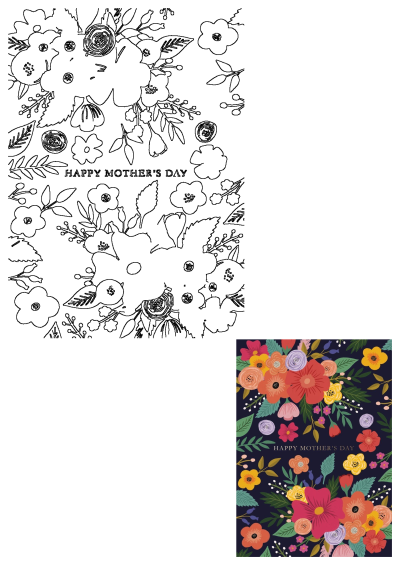 Vibrant Happy Mother's Day card featuring a lush arrangement of colorful flowers in red, orange, yellow, and purple on a dark background.