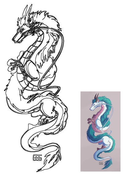Haku dragon from Spirited Away fan art, featuring an outline drawing alongside a vibrant colored illustration.
