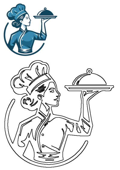 Professional woman chef logo in blue, wearing a hat and uniform, holding a covered food tray for restaurant and food service branding.