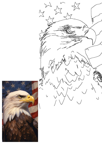 Outline drawing of a majestic bald eagle with an American flag background, representing a patriotic symbol of freedom and strength.