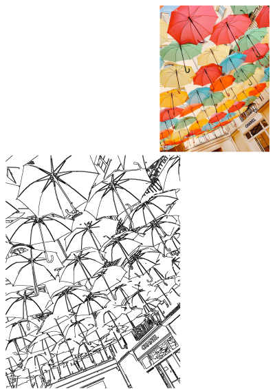 Vibrant colorful umbrellas hanging as a festive street decoration over a building with a prominent Chanel store in Paris.