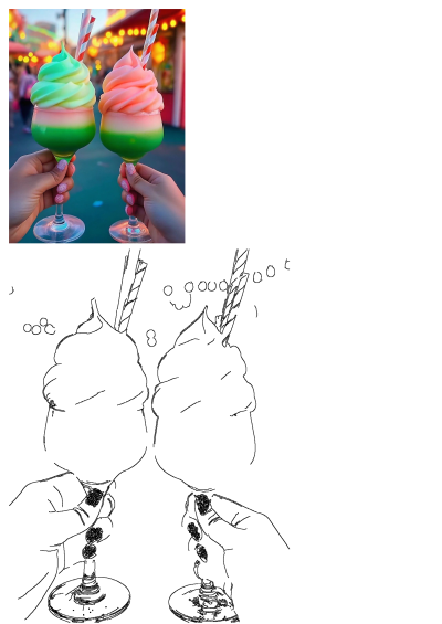 Hands holding vibrant layered soft-serve ice cream drinks with straws in stemmed glasses at a lively amusement park. Festive and colorful.