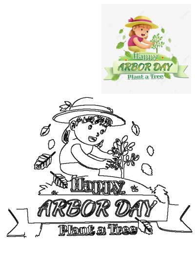Happy Arbor Day illustration: cheerful girl in a hat planting a tree sapling. Promotes 'Plant a Tree' environmental message.