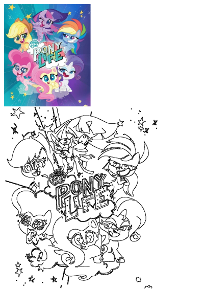 My Little Pony Life poster characters Twilight Sparkle & Rainbow Dash. Features colorful main cast art and a black & white outline drawing.