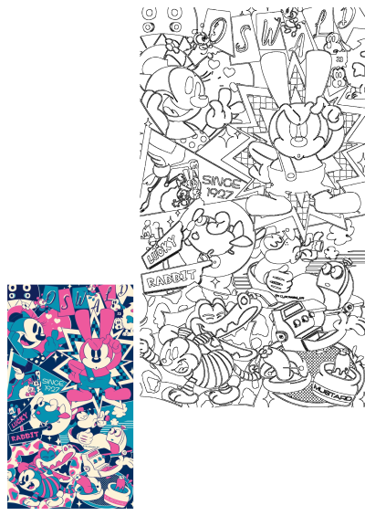 Oswald Lucky Rabbit colorful cartoon pop art collage. Dynamic retro illustration with multiple characters, bold teal and pink colors, and 'SINCE 1927'.