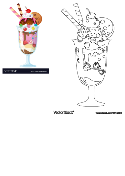 A vibrant colorful ice cream sundae with cookies, candy, whipped cream, cherry, and wafers, alongside its black and white coloring page outline.