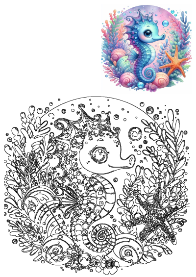 A vibrant cartoon seahorse with big eyes, surrounded by colorful starfish, seashells, and coral in a whimsical underwater scene.