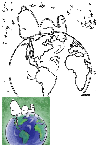 Snoopy, the beloved cartoon beagle, is peacefully sleeping atop the Earth, a heartwarming illustration of tranquility and global peace.