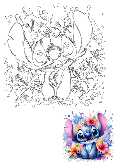 Cute blue Stitch with pink ears grins amidst vibrant hibiscus flowers and colorful watercolor paint splats. Also includes its outline version.