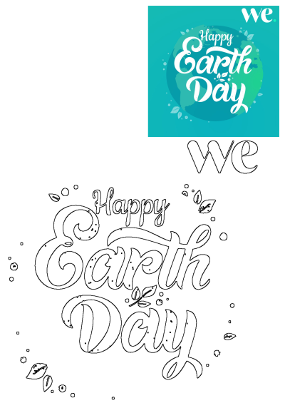 Happy Earth Day poster with white script lettering against a blue and green gradient background featuring an Earth graphic and leaves.