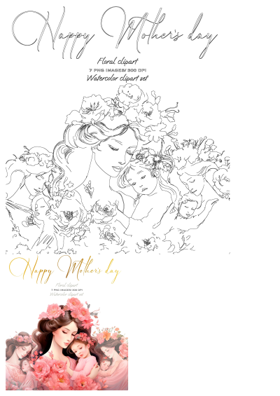 Watercolor illustration of a loving mother and daughter embraced by pink flowers, ideal for Mother's Day cards or digital clipart.