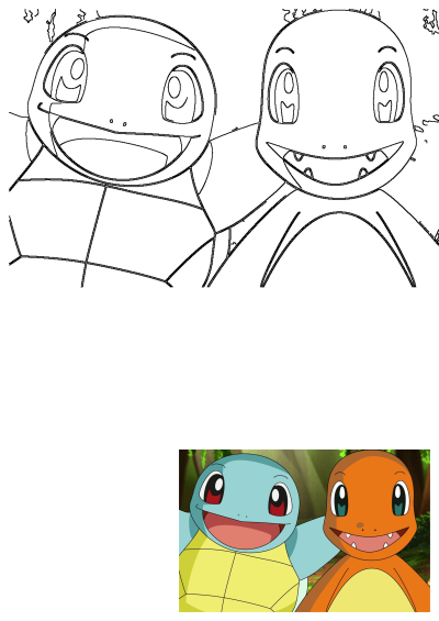 Squirtle and Charmander, two popular Pokemon cartoon friends, smiling happily together outdoors in a lush natural setting.
