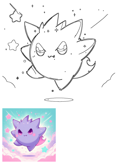 A line art drawing of a cute, purple, ghost-like cartoon character flying amidst sparkling stars and soft clouds in a whimsical sky.