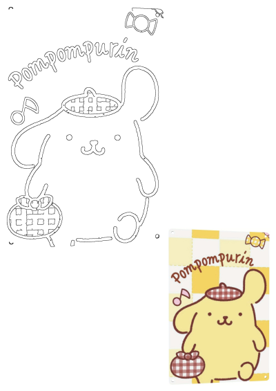 Pompompurin, a cute yellow bear cartoon character, featured as detailed line art and a colored illustration on a checkered background.