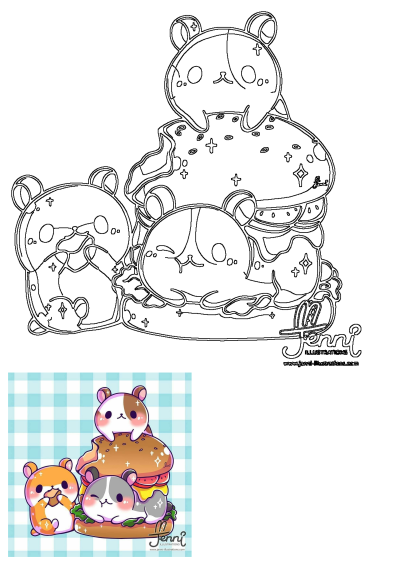 Cute hamsters hamburger illustration depicts adorable kawaii animals playing with a giant burger, one on top, one nested inside.