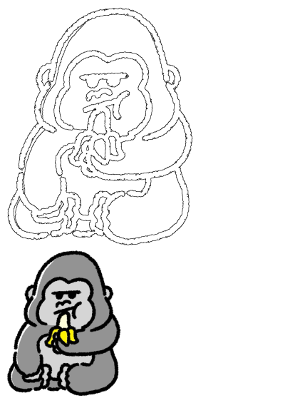 A charming cartoon gorilla illustration shows a cute gray gorilla sitting and happily eating a peeled yellow banana.
