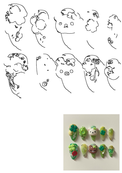 Rilakkuma and Korilakkuma 3D nail art featuring four-leaf clovers, musical notes, and a Heisei retro style in green and yellow.