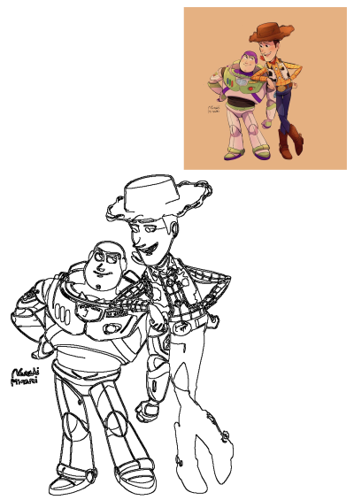 Stylized fan art of humanized Woody and Buzz Lightyear from Toy Story, presented as a character fusion. They stand together in a warm embrace.