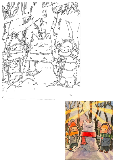 A charming watercolor illustration of two kids and a cat snowman in a snowy winter forest with bright sunshine.