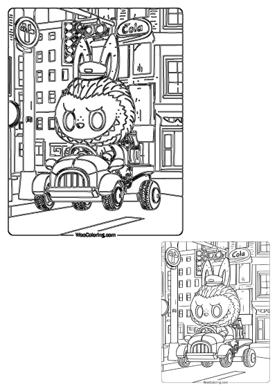 Adorable cartoon bunny character drives a vintage toy car through a busy city street, past buildings, a traffic light, and a 'Cola' sign.
