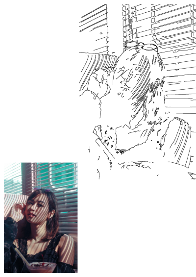 A young woman is captured in a modern Roman-style portrait, dramatically lit by blinds-cast shadows, holding a cocktail.