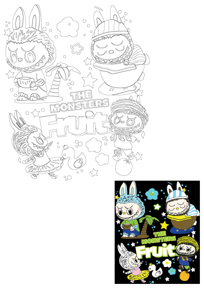 A vibrant cartoon logo: 'The Monsters Fruit' with adorable monster characters like a durian, a sleeping fruit, and a pineapple on a black background.