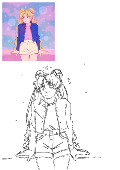 Vibrant Sailor Moon fanart depicting Usagi Tsukino in a blue jacket, pink shirt, and shorts, against a dreamy pastel sky.