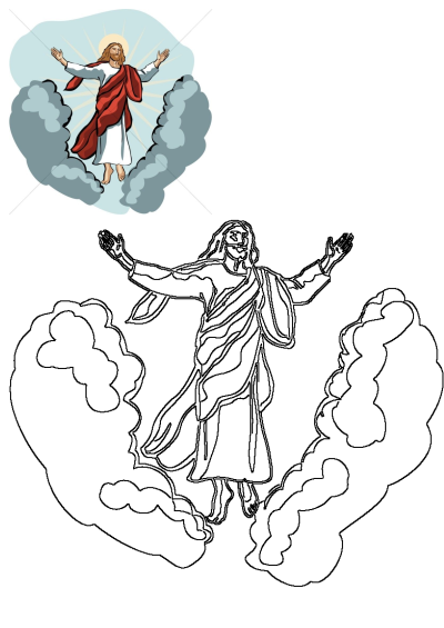Jesus Christ ascending into clouds with outstretched arms, depicted in a vivid colored illustration and a detailed outline drawing.