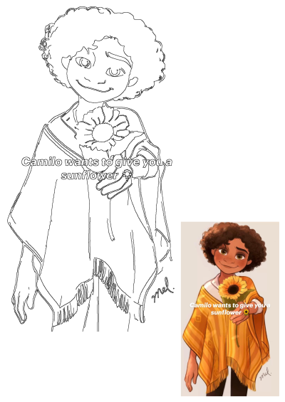 Encanto's Camilo Madrigal with curly hair and poncho, smiling as he offers a sunflower in this appealing line art and colored fan art.