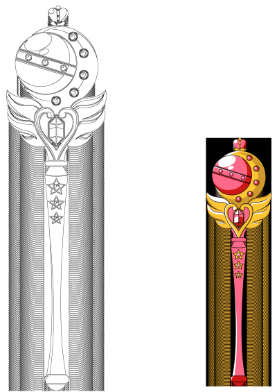 Sailor Moon Eternal Tier Moon Kaleido Moon Scope weapon illustration, featuring detailed line art and a vibrant pink and gold colored version.