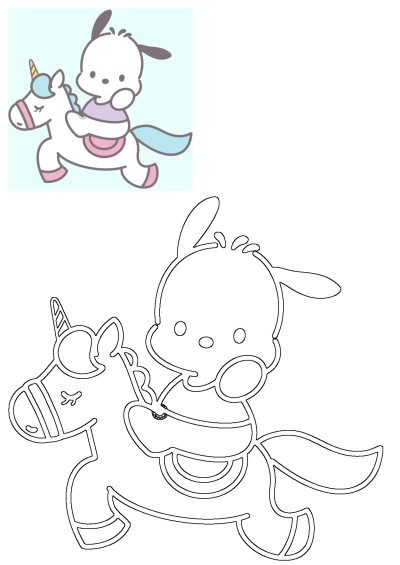 Pochacco, the cute white Sanrio dog, joyfully rides a magical white unicorn with a yellow horn and blue mane, in a charming cartoon illustration.