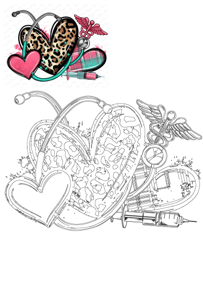 Vibrant medical design featuring a stethoscope, leopard print, pink and plaid hearts, syringe, and caduceus on a white background.