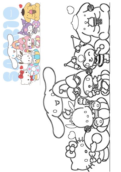 Stacked Sanrio cartoon characters including Hello Kitty, Pompompurin, Cinnamoroll, Kuromi, shown in colorful and outline versions.