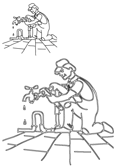 A cartoon illustration of a plumber fixing a leaky pipe with a wrench. Water drips from the faucet.