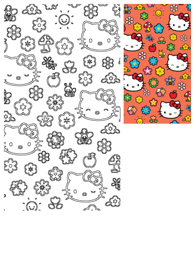 Vibrant Hello Kitty wallpaper featuring colorful flowers, smiling bees, sun, mushrooms, and apples on a cheerful orange background.