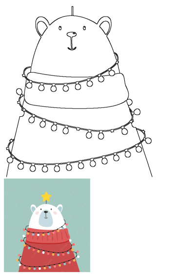Cute cartoon outline of a polar bear resembling a Christmas tree, adorned with strings of lights and a star on its head.