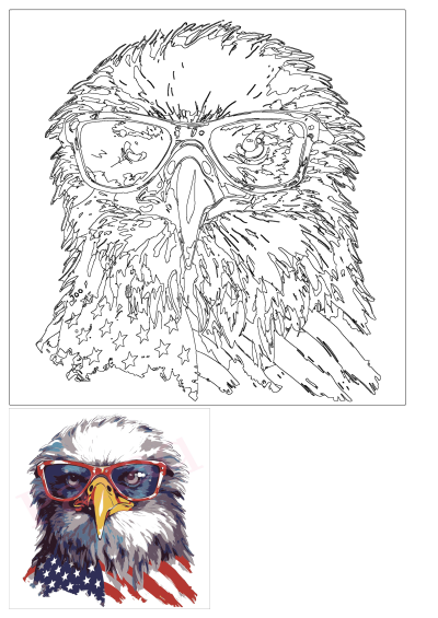 A black and white outline of a patriotic eagle wearing glasses, adorned with an American flag design.