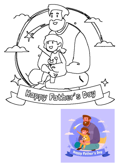 Happy Father's Day illustration featuring a smiling bearded man and a child holding a teddy bear, pointing at stars with a banner.