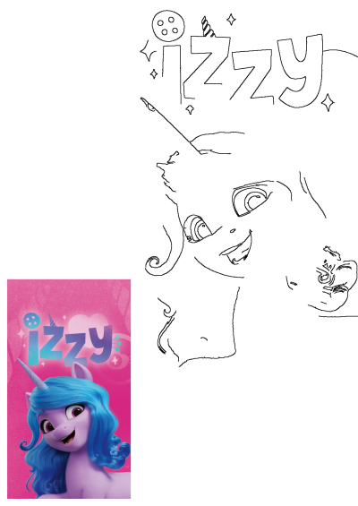 Izzy Moonbow My Little Pony New Generation character portrait with vibrant blue hair and pink eyes, next to a detailed line art outline of her face and name.