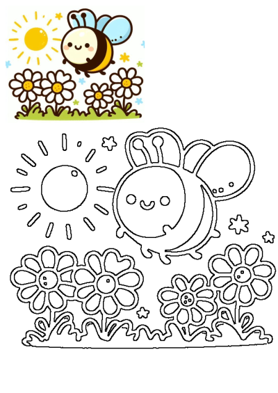 A cute cartoon bee with blue wings smiles while flying above white daisies under a bright sun. Includes a line art version.