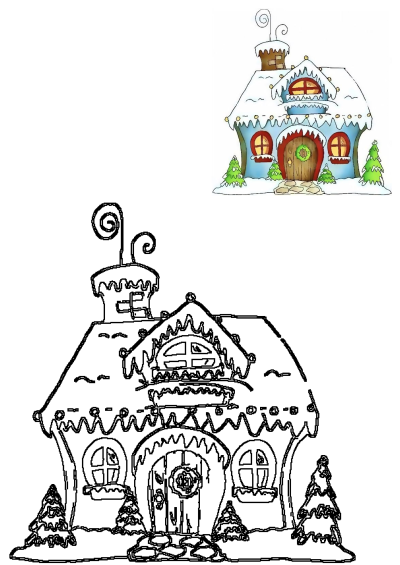 A festive cartoon Christmas house with snow, decorations, and pine trees, shown in color and as a black outline drawing.